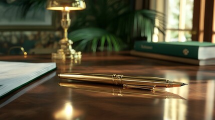 Generate a scene featuring a gold-plated pen on an elegant desk. The pen should be positioned to highlight its refined details