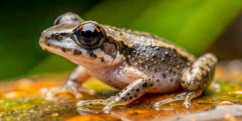 Curious Amphibian: A tiny frog perches on a vibrant, wet leaf, its large eyes reflecting the lush rainforest surroundings in exquisite detail. 