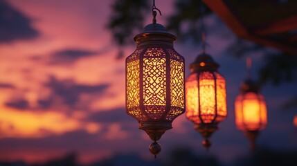 Generate a scene of a beautifully lit Eid Mubarak lantern hanging against a twilight sky.