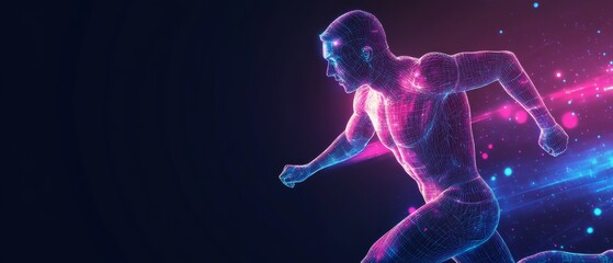 Digital Wireframe Athlete. Neon Runner in Motion
