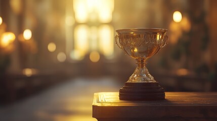 Generate a scene of a golden trophy placed on a polished wooden pedestal, with soft lighting emphasizing its shine.