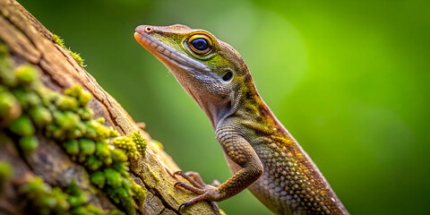 Fototapeta premium Emerald Gaze: A vibrant Anole lizard perches on a mossy branch, its emerald eye reflecting the lush rainforest canopy. 
