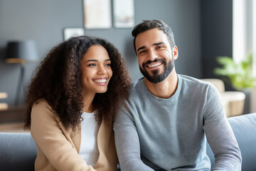 Fototapeta premium Young multiethnic couple is sitting on their living room sofa, smiling and looking away
