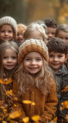 Fototapeta premium Group of cheerful little children of different nationalities in green summer park, friends, diversity, smiling child, kid, kindergarten, family, portrait, boys and girls faces