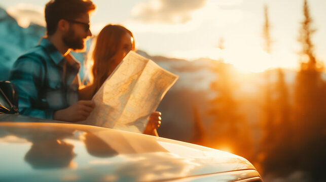 A couple stands beside their car, closely examining a map as the sun sets behind them, casting a warm glow over the stunning landscape. Their vacation embodies adventure and discovery