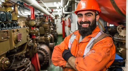 Smiling Engineer in Hard Hat and Coverall with Folded Arms, Industrial Machine Room Background