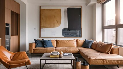 Modern living room with leather sectional, coffee table, and abstract painting, A modern, minimalist design featuring sleek lines and bold typography - Powered by Adobe