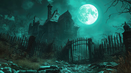 A spooky haunted house with a broken-down fence and an ominous, glowing moon in the background.