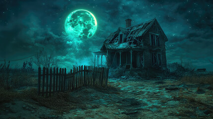 A spooky haunted house with a broken-down fence and an ominous, glowing moon in the background --ar 16:9 --v 6.1 Job ID: b81b52aa-18df-4401-b0d9-cabc02337f45