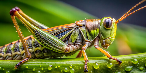 Fototapeta premium Emerald Maestro: A vibrant grasshopper perches on a dew-kissed leaf, its intricate details captured in stunning macro photography. 