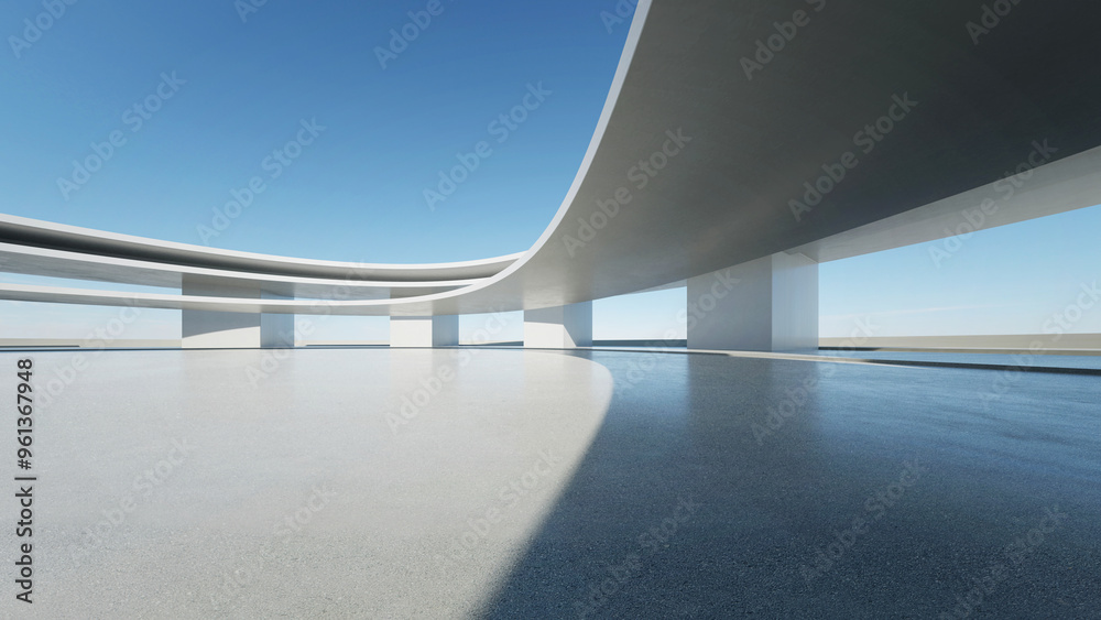 Poster 3d render of abstract curve structure futuristic architecture with empty concrete floor, scene for car presentation