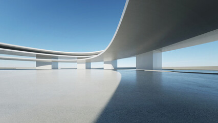 3d render of abstract curve structure futuristic architecture with empty concrete floor, scene for car presentation