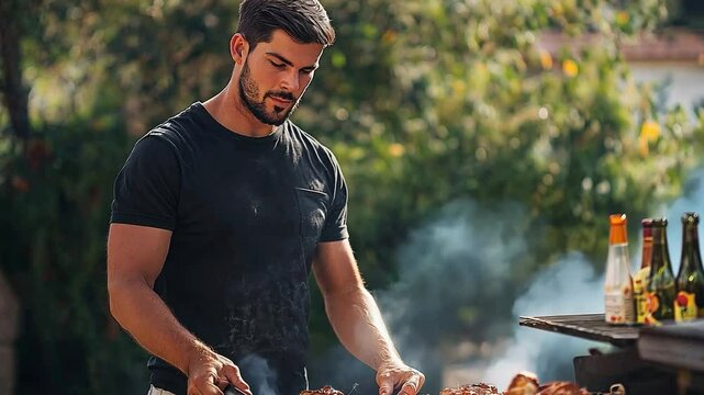 A dashing man is grilling BBQ outside in the garden.