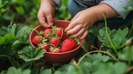 A child is picking strawberries in a garden