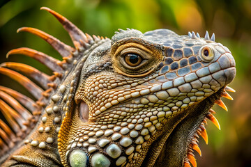 The King of Color: A Vibrant Iguana Poses in the Lush Rainforest 