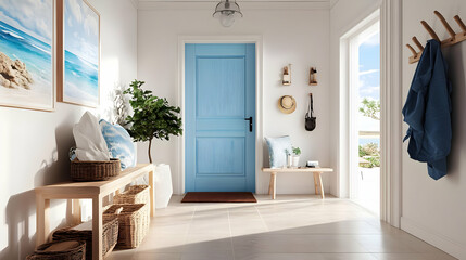 Fototapeta premium A bright, inviting hallway featuring a blue door and decorative elements.