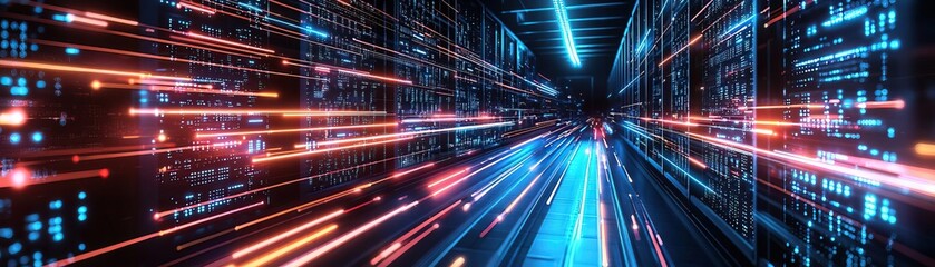 Fototapeta premium Glowing data streams in a dark server environment