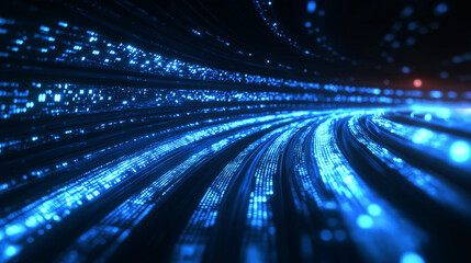 A futuristic digital landscape with flowing binary streams and illuminated curves, symbolizing data transmission, innovation, and cutting-edge technology.