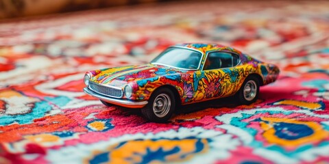 Colorful toy car on a patterned rug.