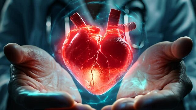 Holographic Heart Innovation, A doctor examines a hologram of a human heart, showcasing advanced cardiology technology and the future of medical innovation in a dynamic setting.