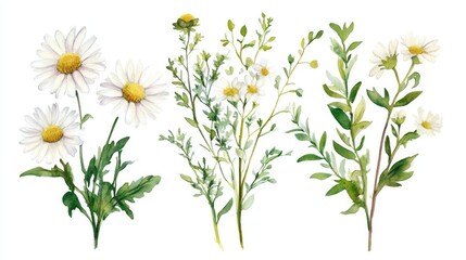 Fototapeta premium Elegant Watercolor Botanical Illustration of Daisies and Wildflowers