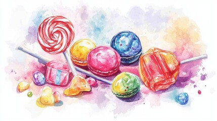 Delightful Colorful Sweets: A Vibrant Watercolor Illustration of Lollipops and Treats
