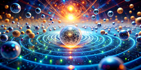 Obraz premium Cosmic Genesis: A radiant nexus of energy births a symphony of celestial spheres, illuminating the infinite expanse with vibrant hues and celestial wonder. 