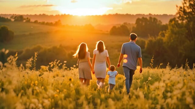 Two parents, a daughter, and young son enjoy a sunset walk through a field of wildflowers, A modern portrait of a blended family
