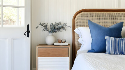 Obraz premium A cozy bedroom scene featuring a bed, nightstand, and decorative elements.