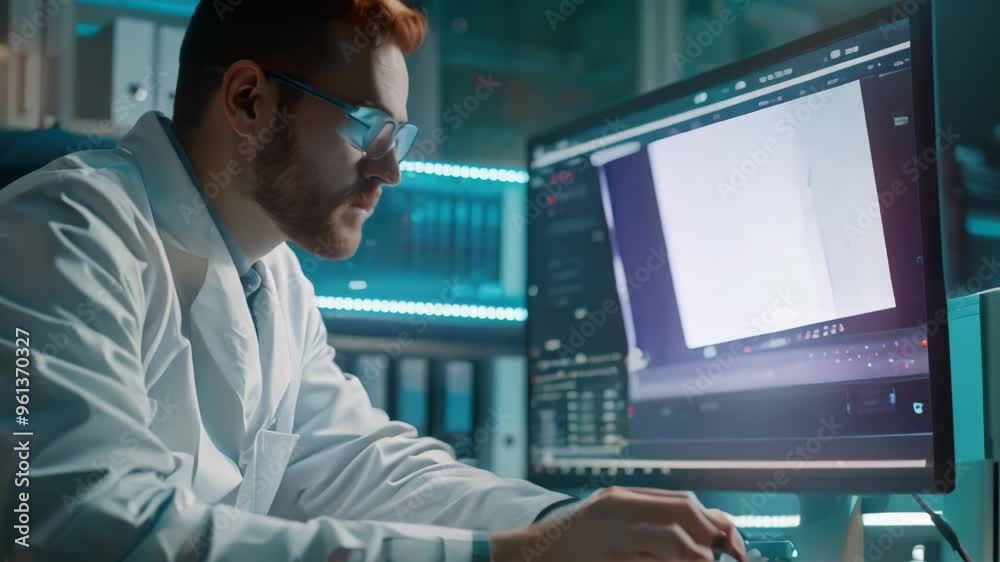 Poster modern scientist working at a computer in a laboratory, analyzing data, a modern scientist in a lab 
