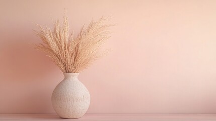 Naklejka premium A minimalist vase with dried pampas grass against a soft pink background.