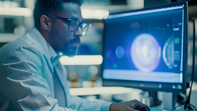 A scientist in a lab coat analyzes data on a computer screen showing a DNA strand, A modern scientist in a lab coat, working at a computer with DNA strands and graphs on the screen