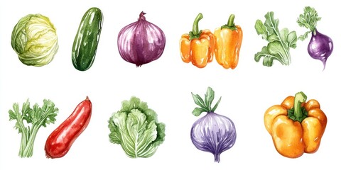 Vibrant Watercolor Vegetables: A Fresh Collection of Organic Produce for Culinary Inspiration