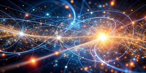 Fototapeta premium Cosmic Web: A mesmerizing abstract illustration depicting a celestial network of interconnected light trails, evoking a sense of cosmic wonder and the interconnectedness of the universe.