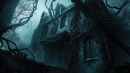 Fototapeta premium A creepy house with vines growing on it