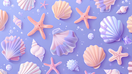 Cute pastel kawaii background with starfish, shells and bubbles on a light blue background