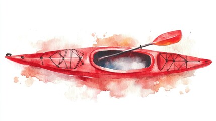 Vibrant Watercolor Illustration of a Red Kayak Ready for Adventure on the Water
