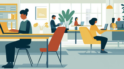 A person is working at their desk in an office. They're using a laptop and sitting in a chair. There are other people in the office, maybe a manager.