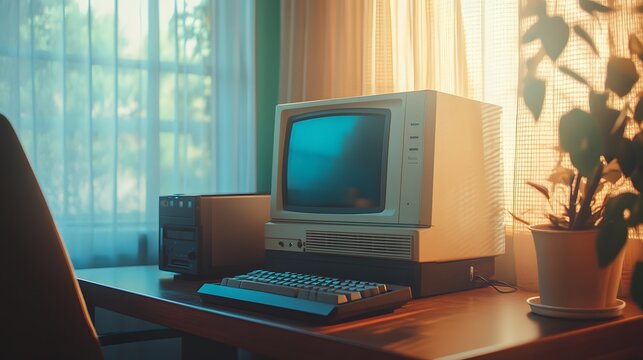 Nostalgic 1996 Computer Desk with Warm Sunlight