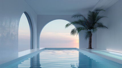 Fototapeta premium Minimalist composition of an arched window with a view to the sea and palm tree, sunset, blue tones, swimming pool, light grey background