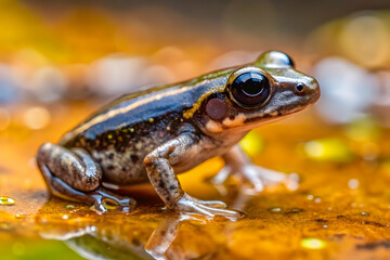 Obraz premium Golden Gaze: A tiny frog with captivating golden eyes perches serenely on a glistening surface, its intricate patterns a testament to nature's artistry. 