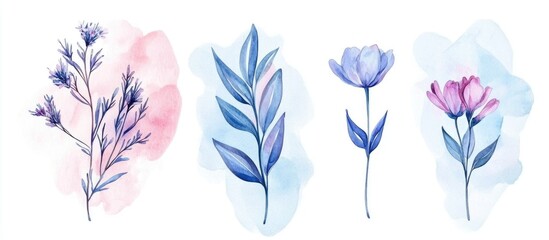 Elegant Watercolor Floral Illustrations with Delicate Petals and Leaves for Artistic Inspiration