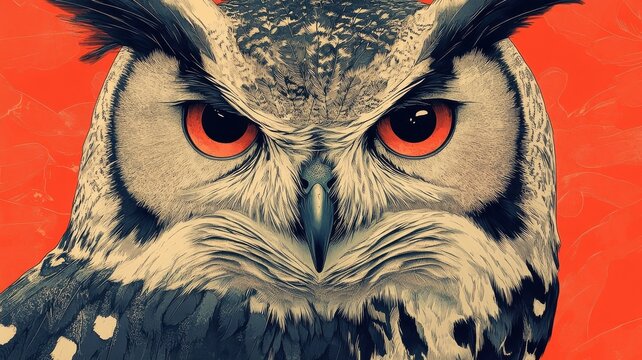 Woodblock print style, an owl illustrated with bold, graphic lines and traditional textures, offering a classic representation with detailed patterns and a strong, artistic presence.