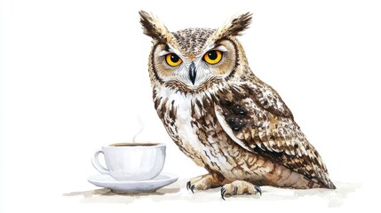 Obraz premium Charming Owl Enjoying Coffee: A Whimsical Wildlife Illustration