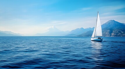 Sailing Boat on the Blue Sea with Mountains and Clear Sky
