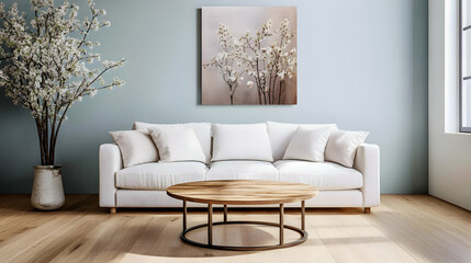 Fototapeta premium A cozy living room featuring a white sofa, wooden coffee table, and floral decor.