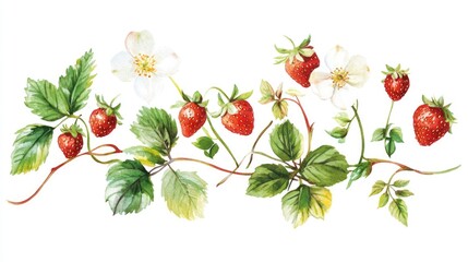 Beautiful Watercolor Illustration of Strawberries and Blossoms Depicting Nature's Bounty