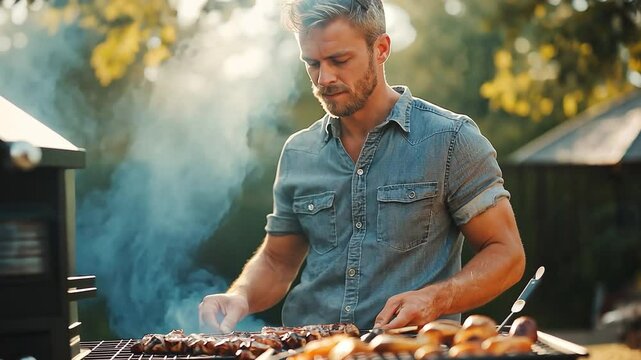 A dashing man is grilling BBQ outside in the garden.