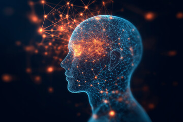 Fototapeta premium Futuristic face with glowing fiber optics and neural connections, innovative and digital concept
