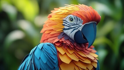 Fototapeta premium A parrot illustrated in paper art style with layered textures and vibrant colors for a handcrafted appearance.